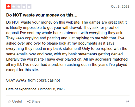 A negative Cobra Casino review on Trustpilot