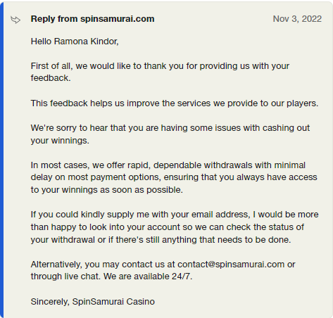 A reply from Spin Samurai on Trustpilot