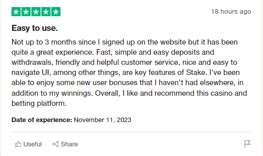 Stake.com Trustpilot Review positive