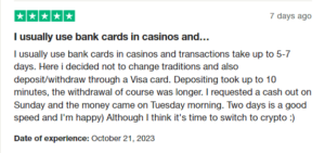 A positive Trustpilot review for Mirax Casino