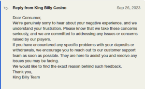 King Billy Trustpilot customer reply